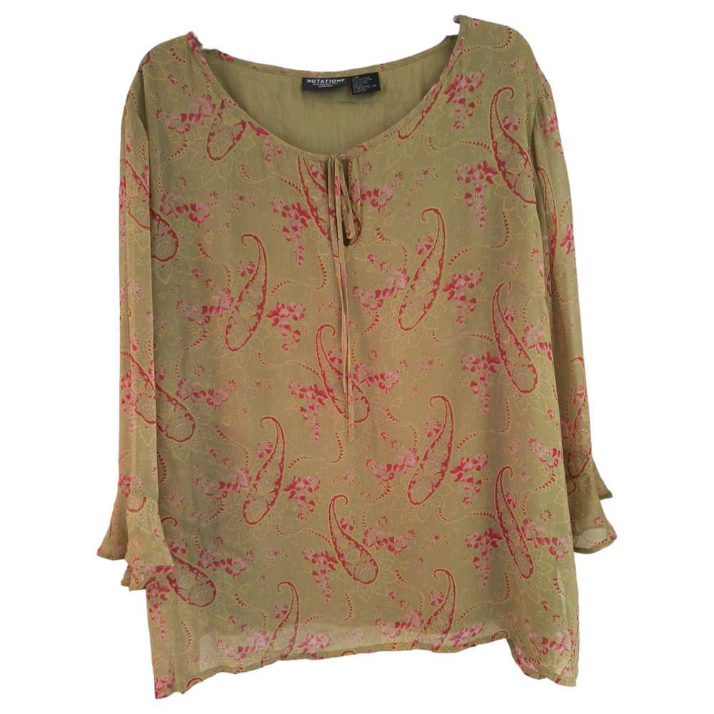 Notations Women's Tunic Top Green Pink Print Long Sleeve Pullover Plus Sz 1X
